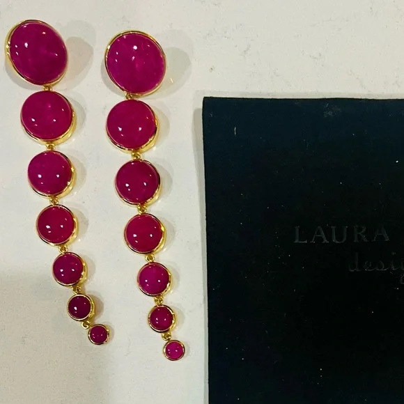 VTG Laura Foote Dropping Circles Earrings in Dyed Hot Pink Quartz Stone, RARE - Picture 4 of 12